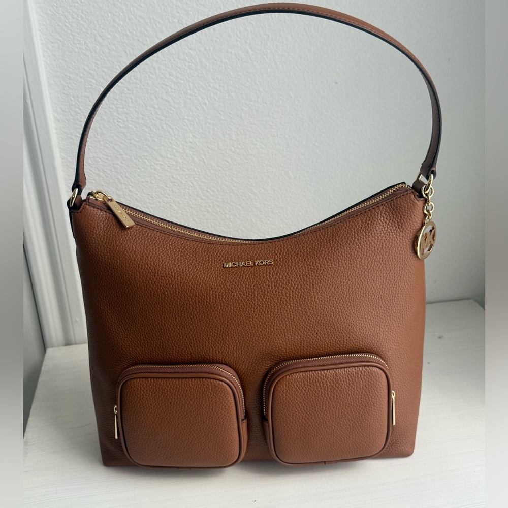 Michael Kors Cognac Pebbled Leather Shoulder Hobo with Dual Front Pockets